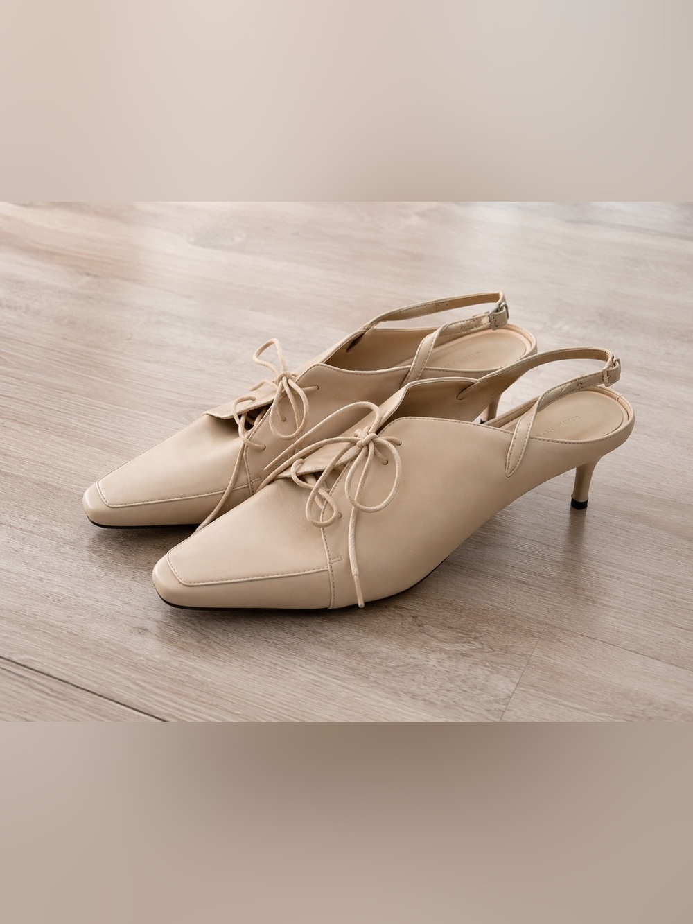 Charles & Keith Cream Lace-Up Pointed Slingback Mules